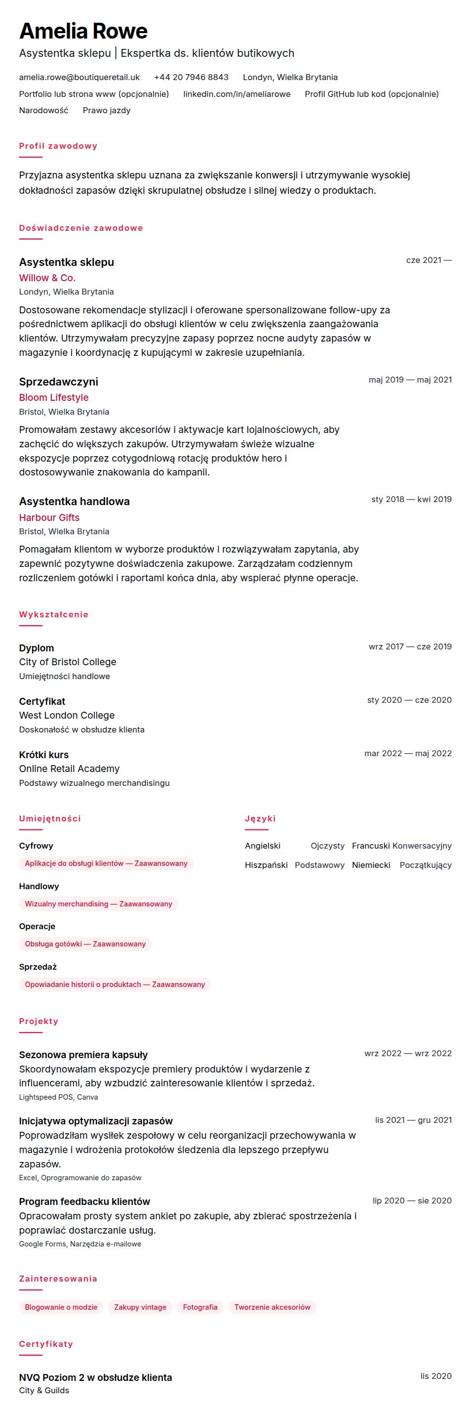 Podgląd CV Przykład CV asystenta sklepu