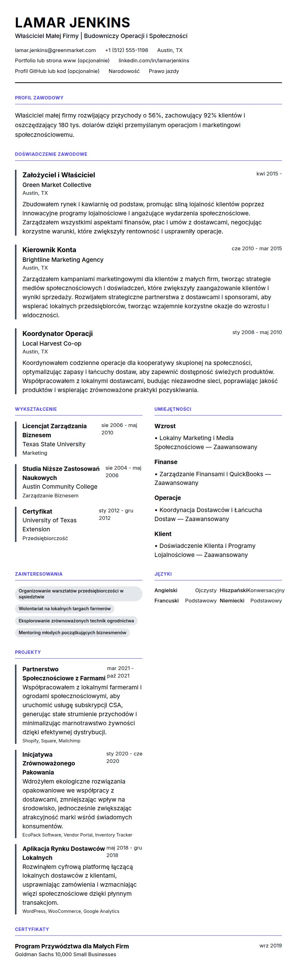 Podgląd CV Przykład CV Właściciela Małej Firmy
