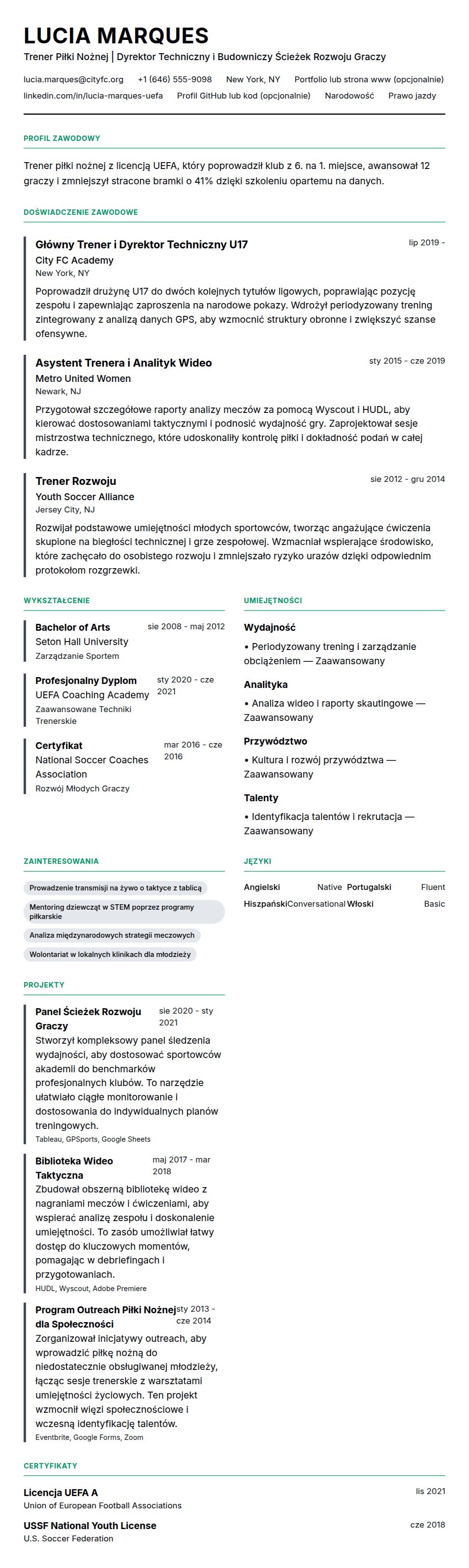 Podgląd CV Przykładowe CV Trenera Piłki Nożnej