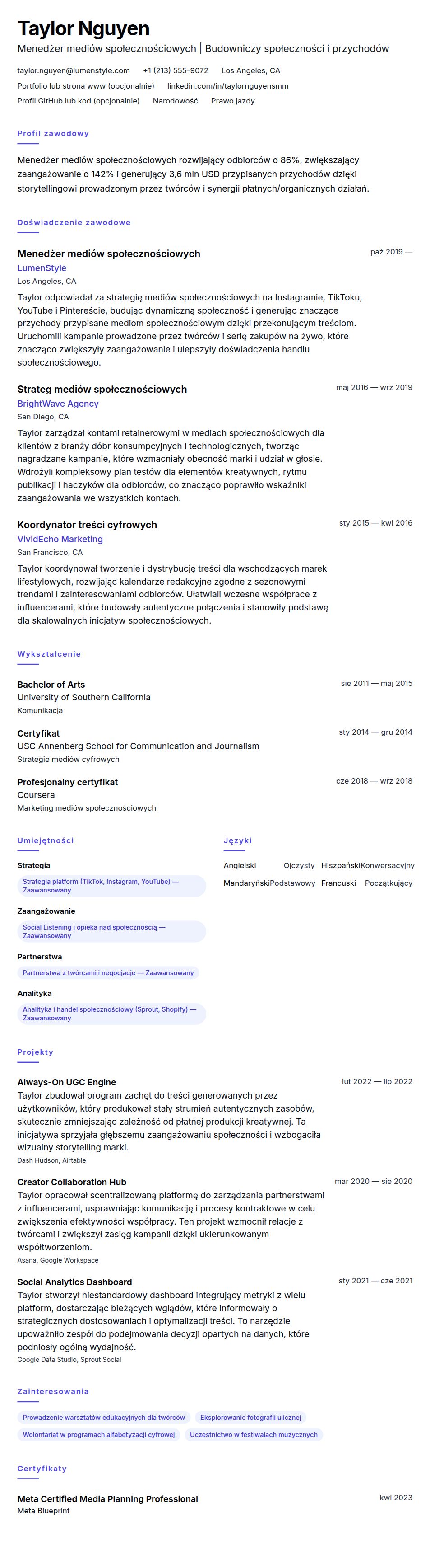 Podgląd CV Przykład CV menedżera mediów społecznościowych