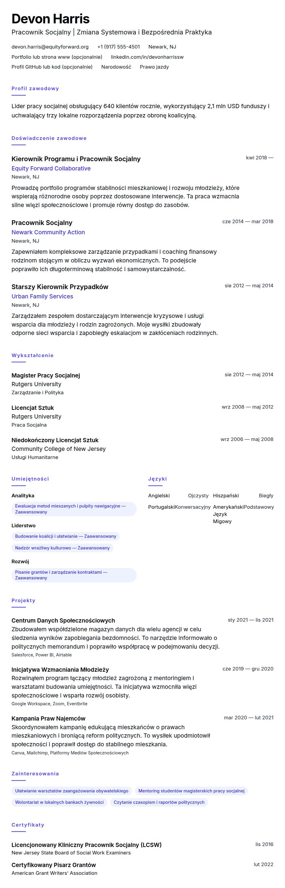 Podgląd CV Przykładowe CV Pracownika Socjalnego
