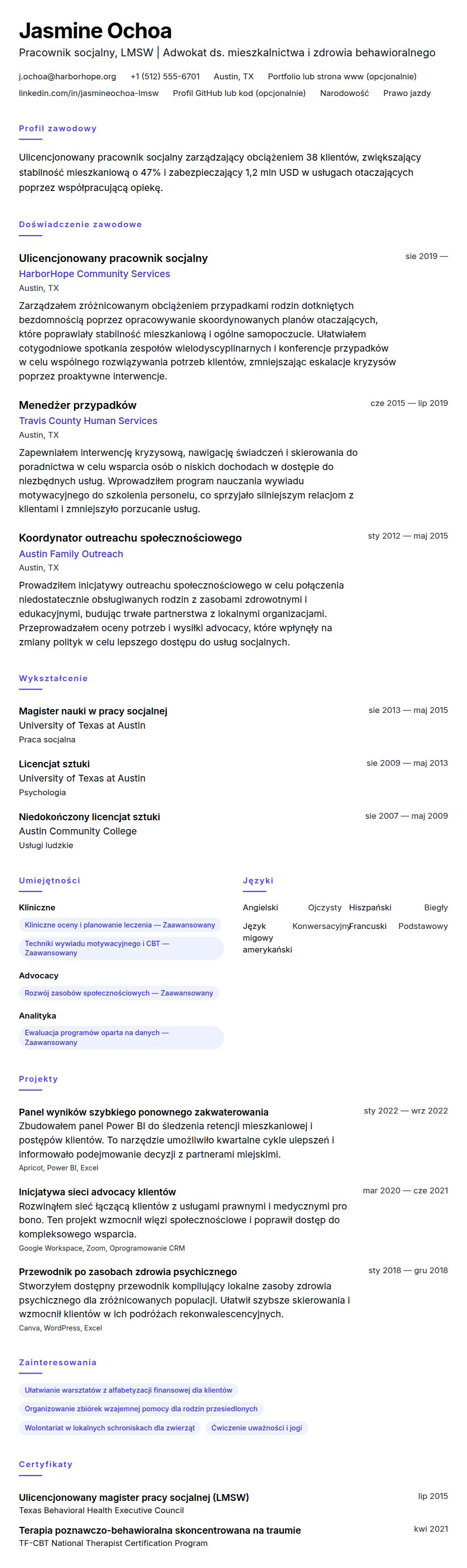 Podgląd CV Przykładowe CV pracownika socjalnego