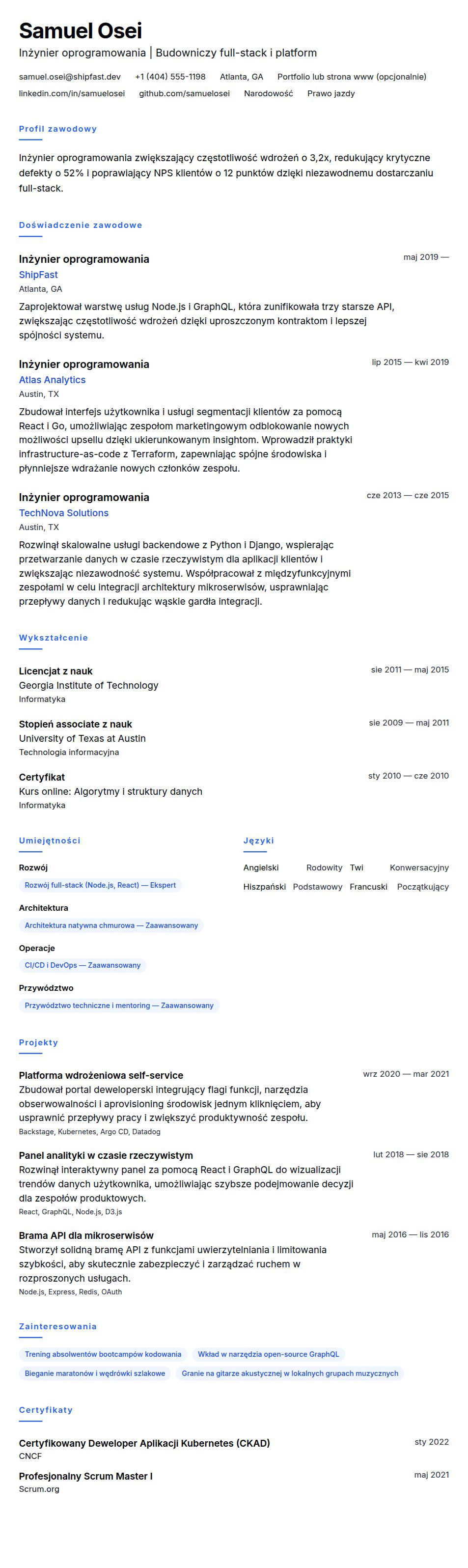 Podgląd CV Przykład CV inżyniera oprogramowania