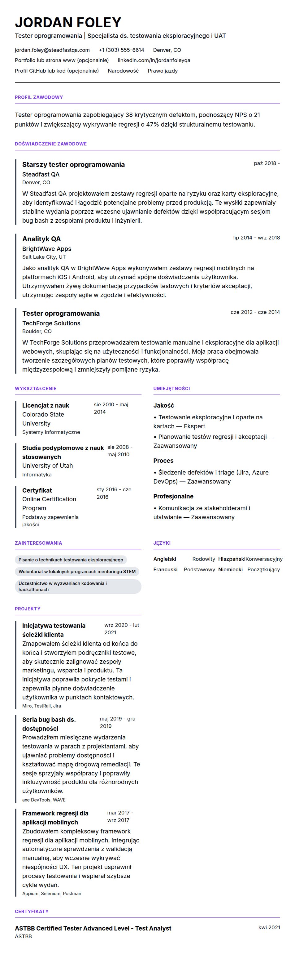 Podgląd CV Przykład CV testera oprogramowania