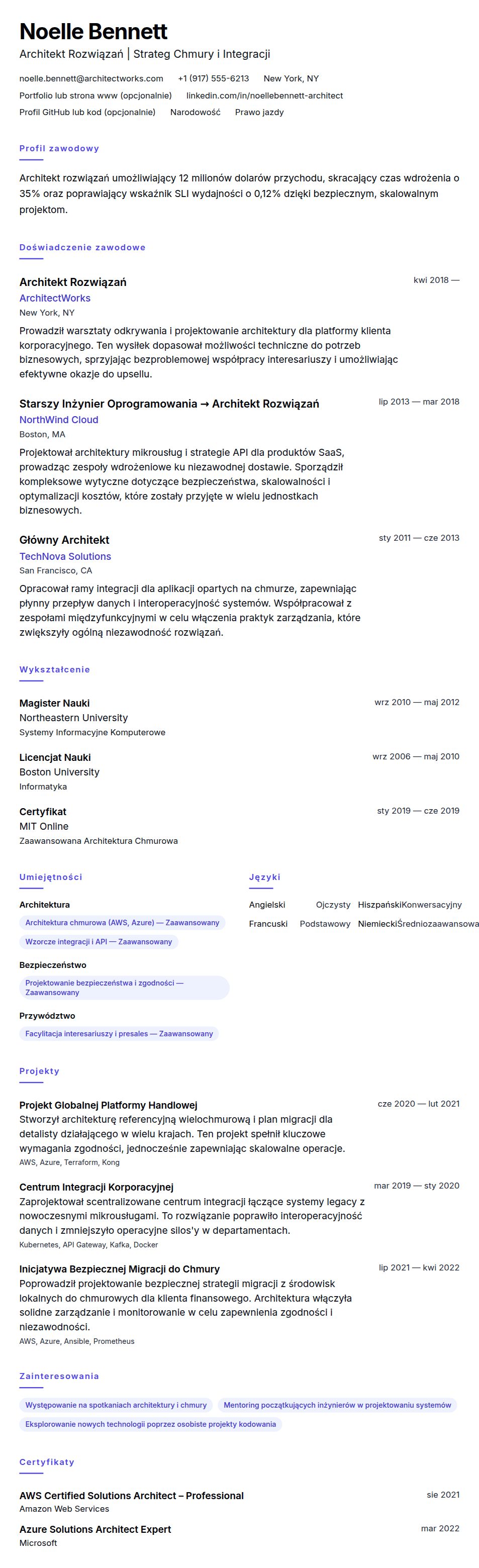 Podgląd CV Przykładowe CV Architekta Rozwiązań
