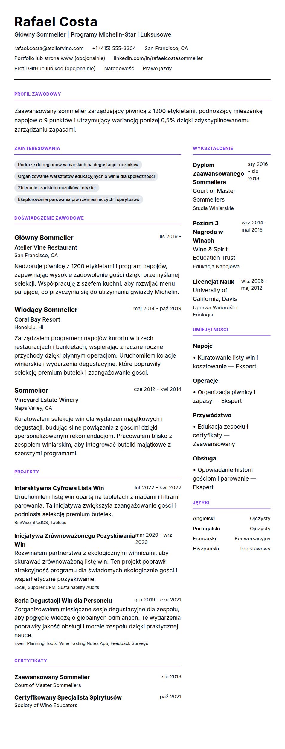 Podgląd CV Przykładowe CV Sommeliera