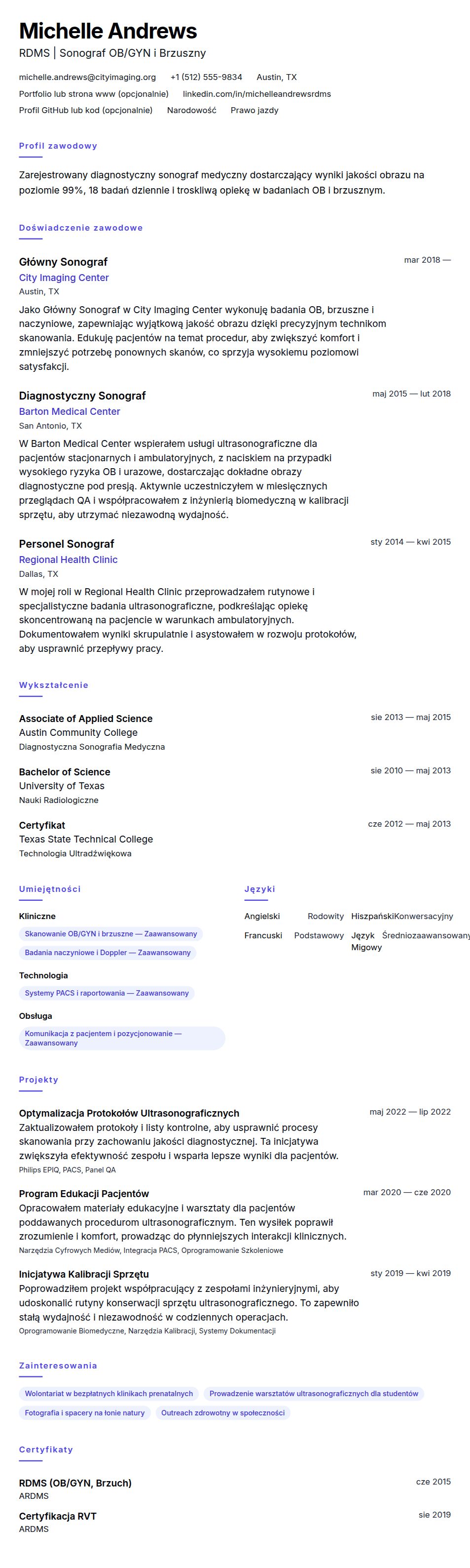 Podgląd CV Przykładowe CV Sonografa