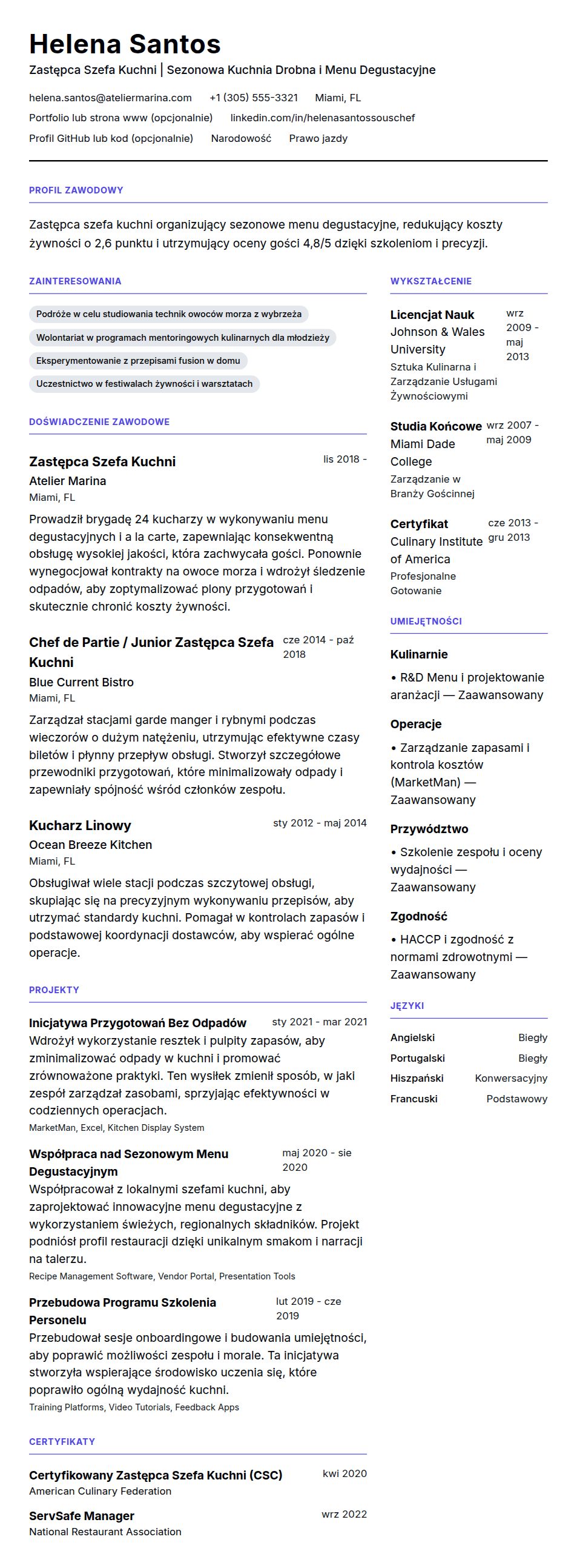Podgląd CV Przykładowe CV Zastępcy Szefa Kuchni