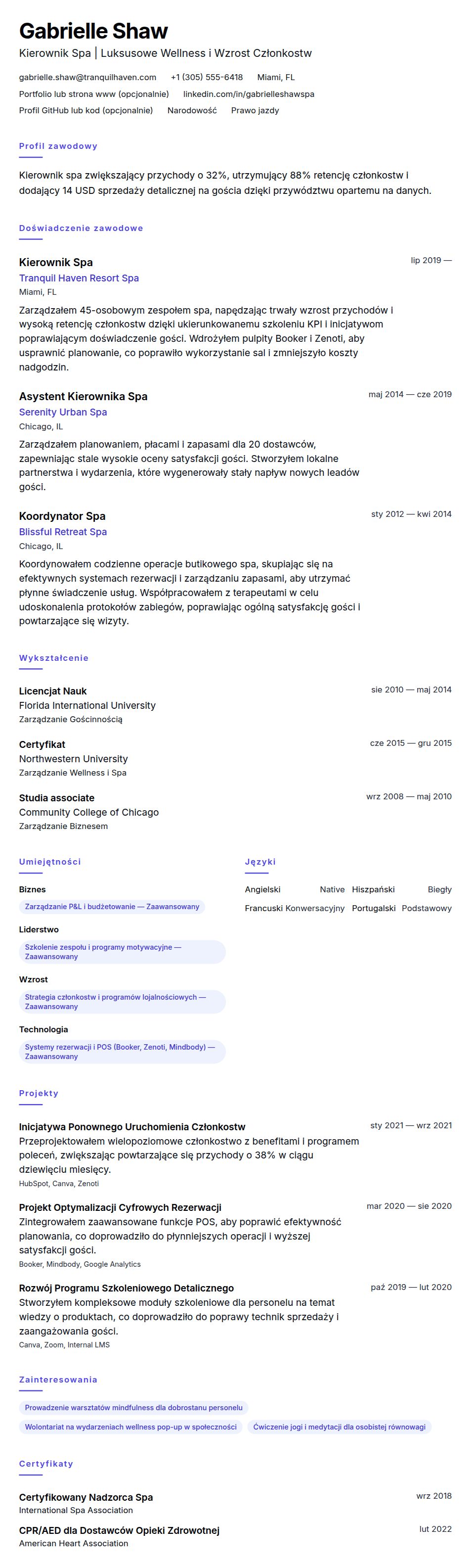 Podgląd CV Przykładowe CV Kierownika Spa