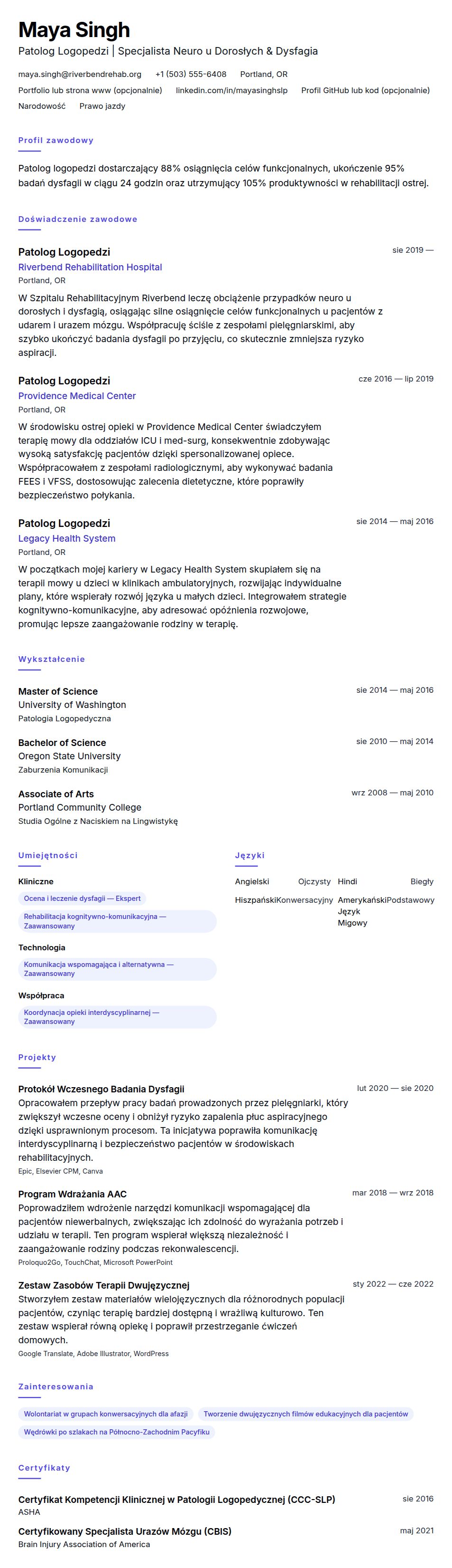 Podgląd CV Przykładowe CV Patologa Logopedzi (SLP)