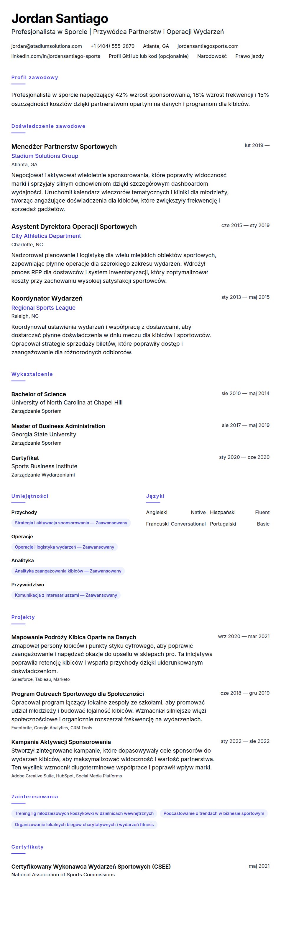 Podgląd CV Przykładowe CV Profesjonalisty w Sporcie