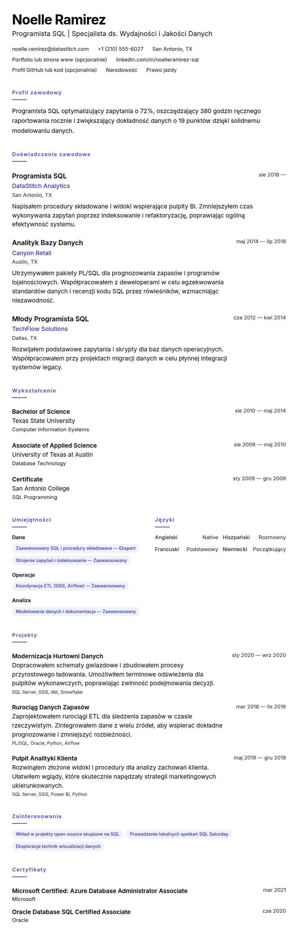 Podgląd CV Przykład CV programisty SQL