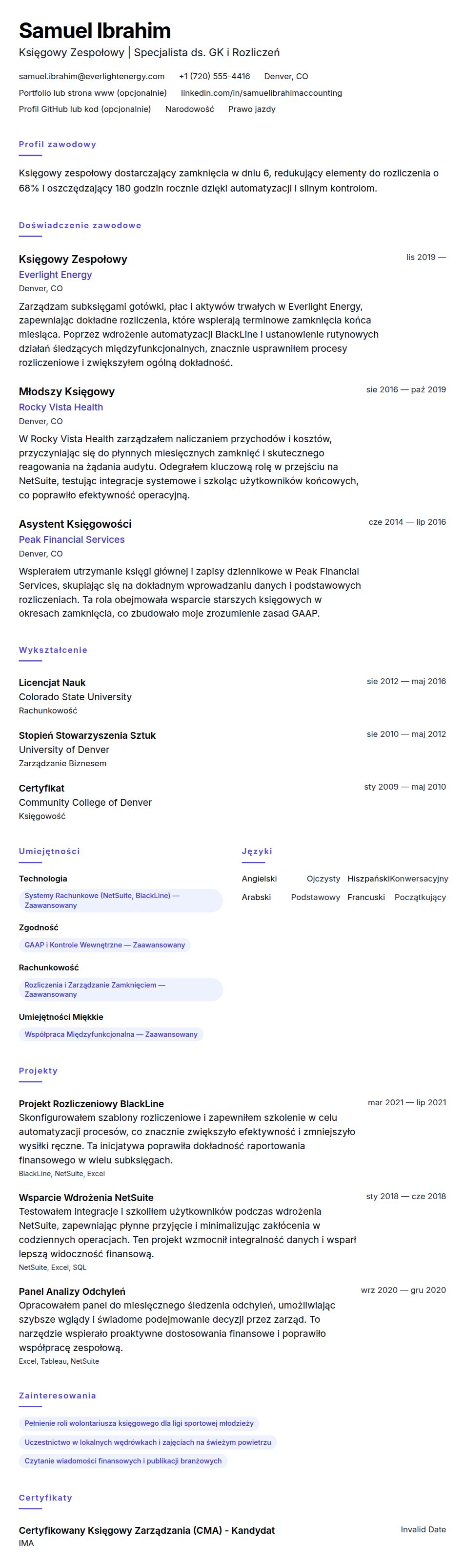 Podgląd CV Przykładowe CV Księgowego Zespołowego