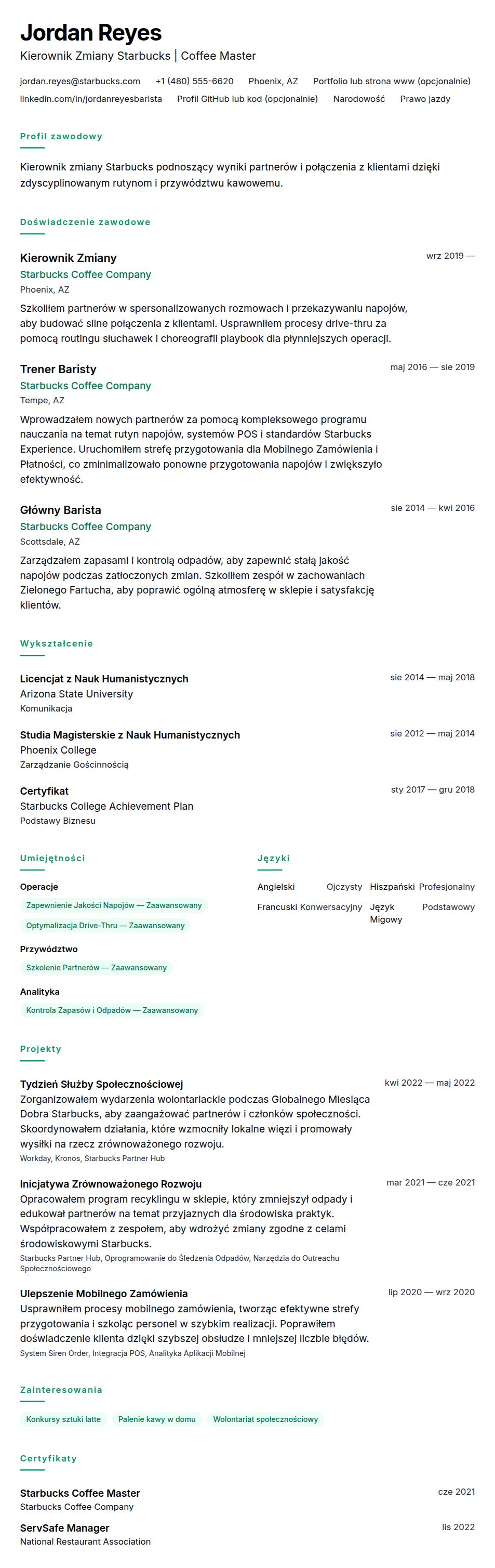Przykład CV Kierownika Zmiany Starbucks