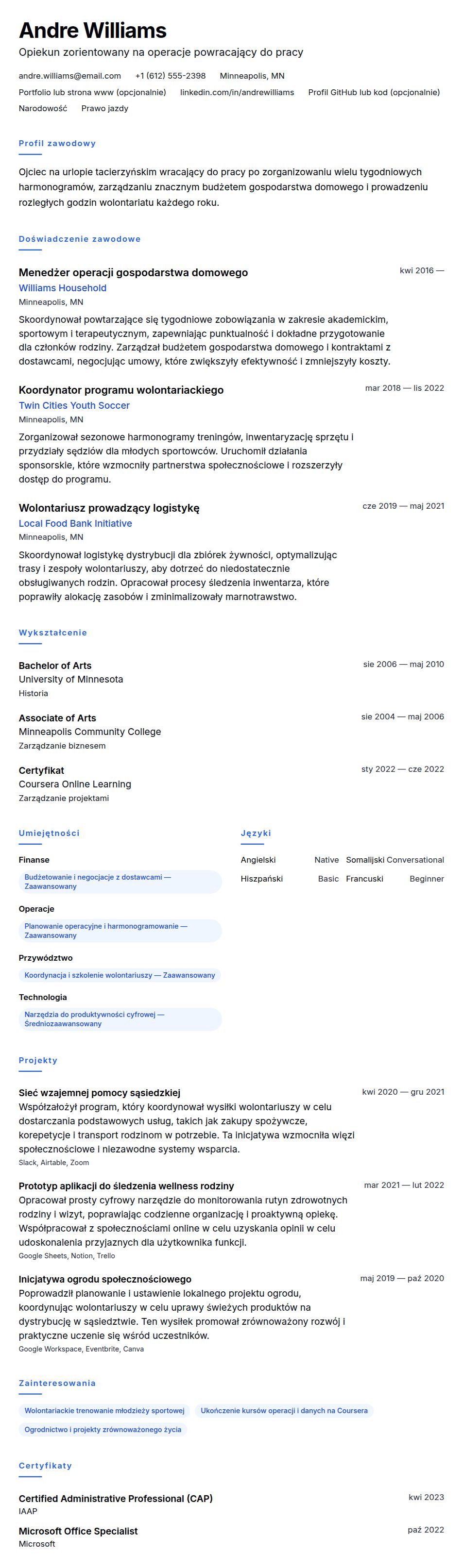 Podgląd CV Przykładowe CV Ojca na urlopie tacierzyńskim