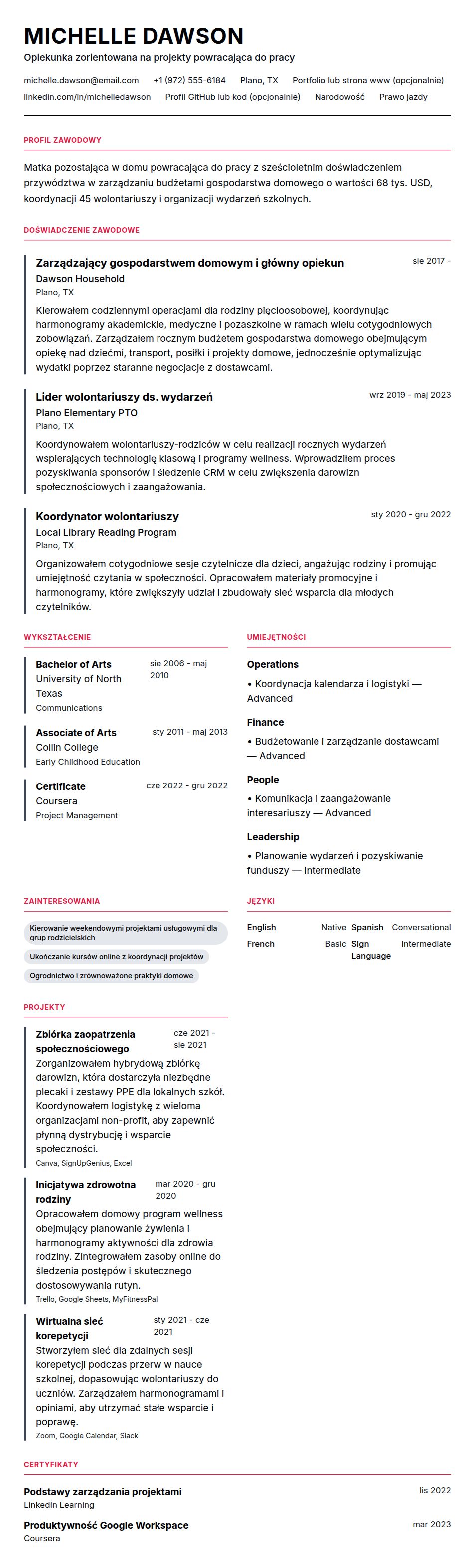 Podgląd CV Przykład CV dla matki pozostającej w domu