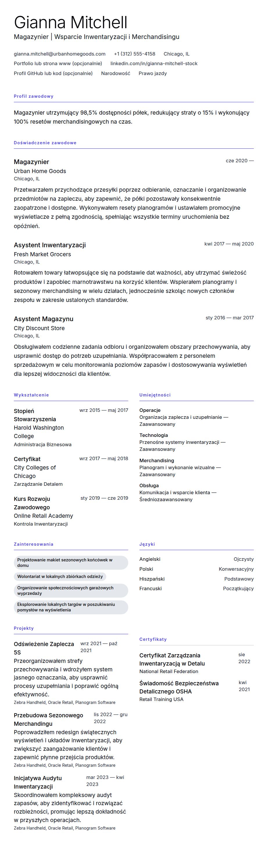 Podgląd CV Przykładowe CV Magazyniera