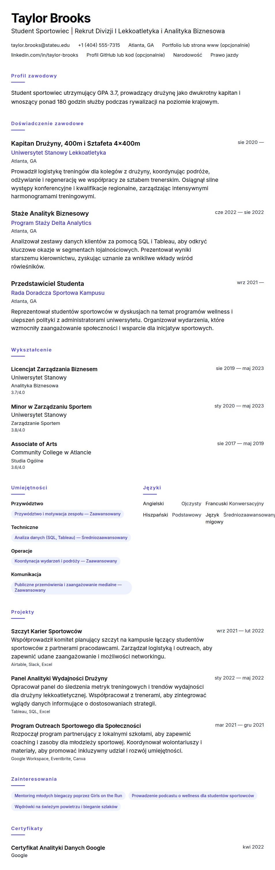 Podgląd CV Przykład CV Student Sportowiec