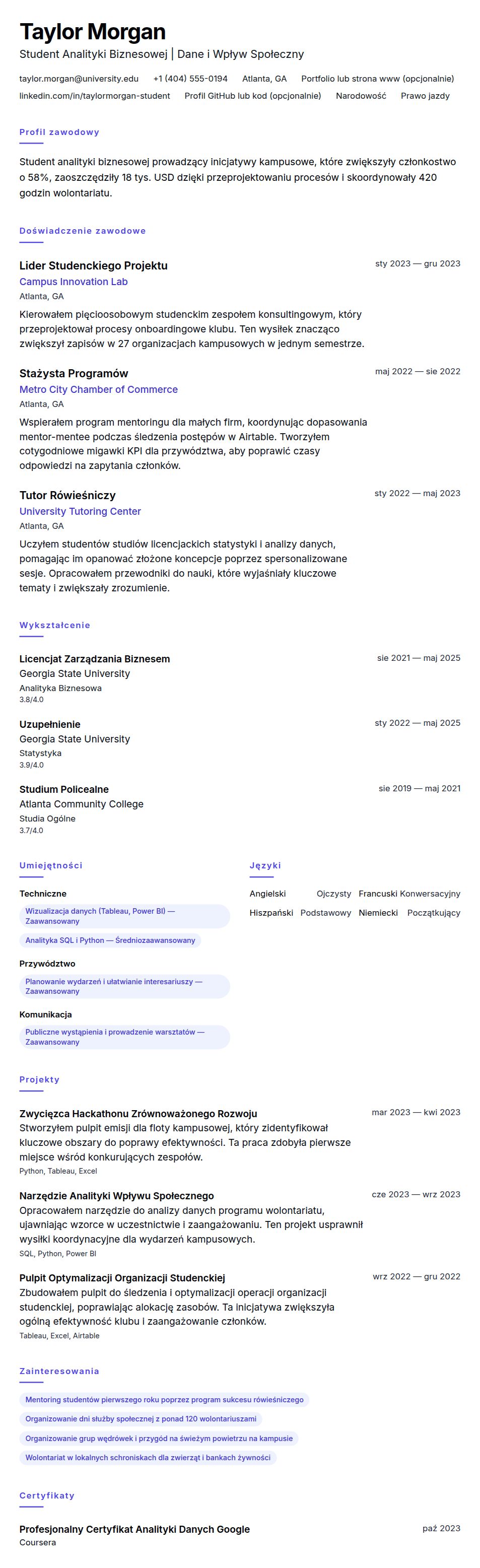 Podgląd CV Przykład CV Studenta