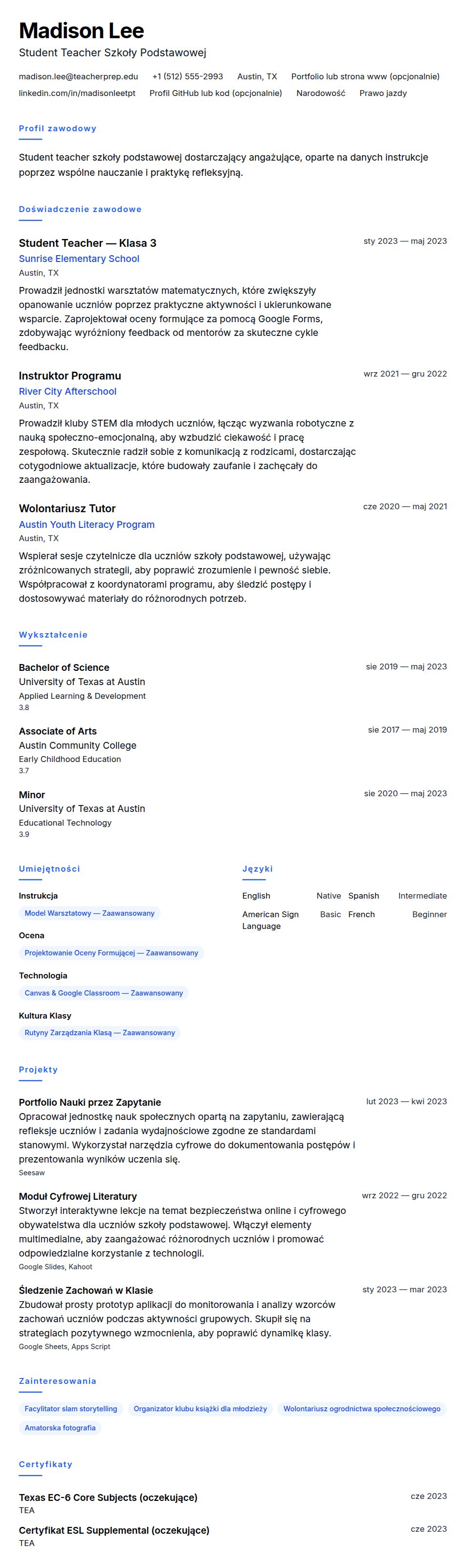 Podgląd CV Przykład CV Student Teacher
