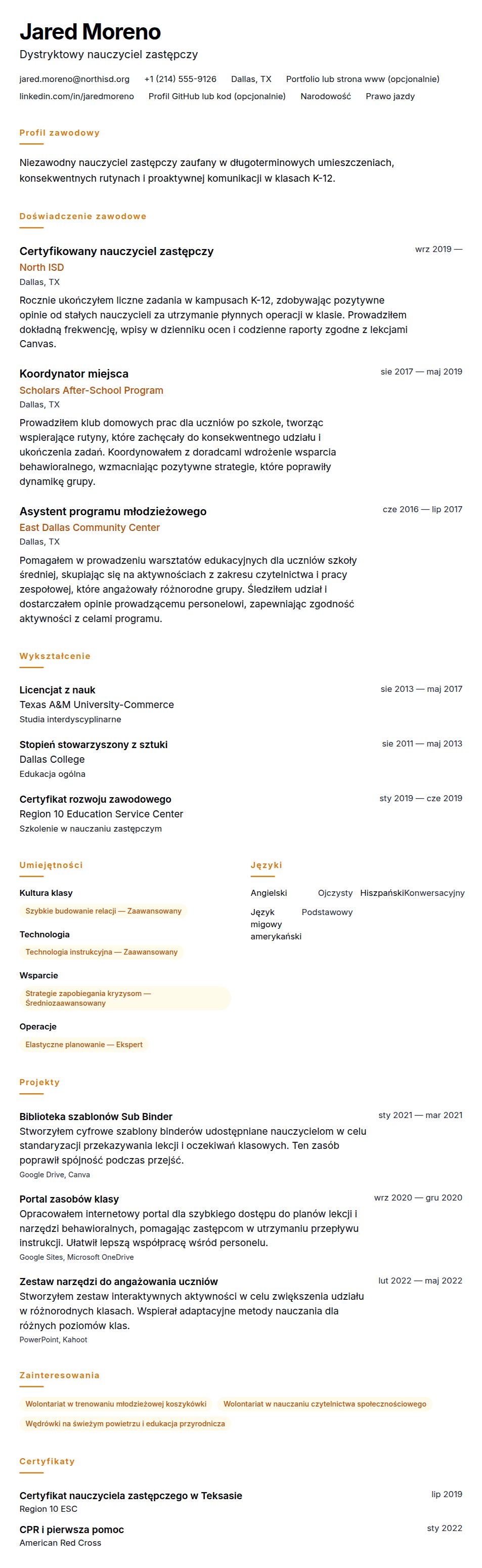 Podgląd CV Przykład CV nauczyciela zastępczego