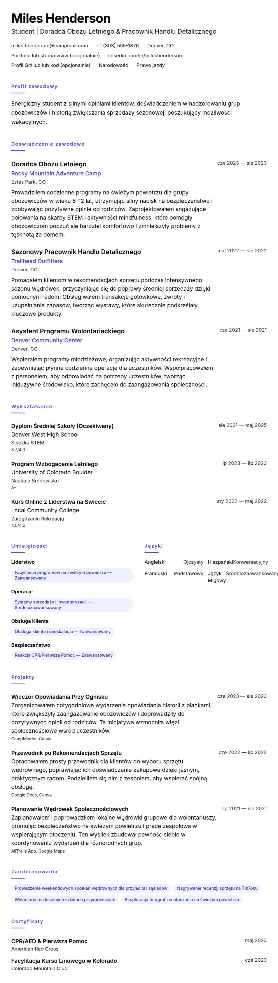 Przykład CV na pracę wakacyjną