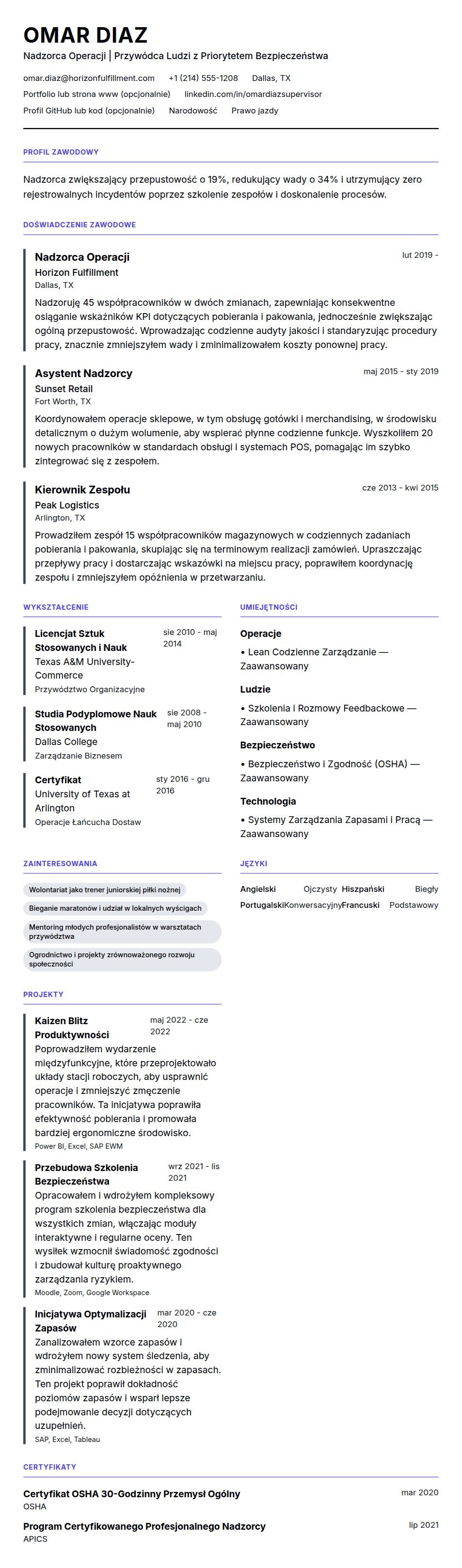 Podgląd CV Przykład CV Nadzorcy