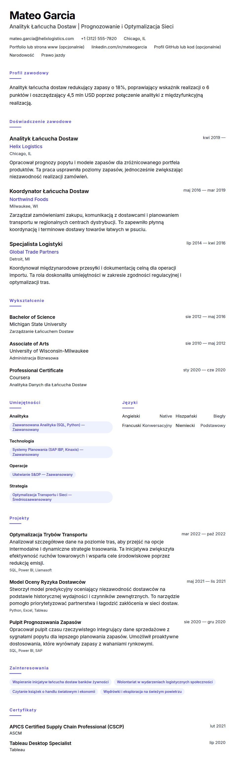 Podgląd CV Przykładowe CV Analityka Łańcucha Dostaw