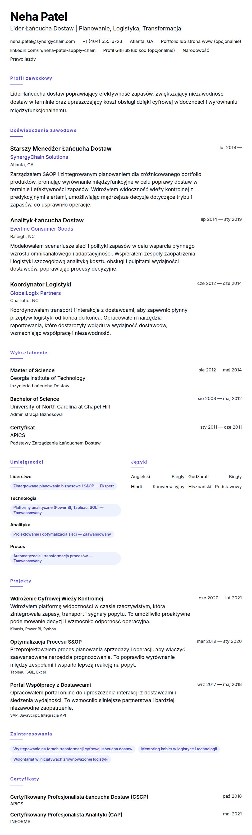 Przykładowe CV Specjalisty ds. Łańcucha Dostaw