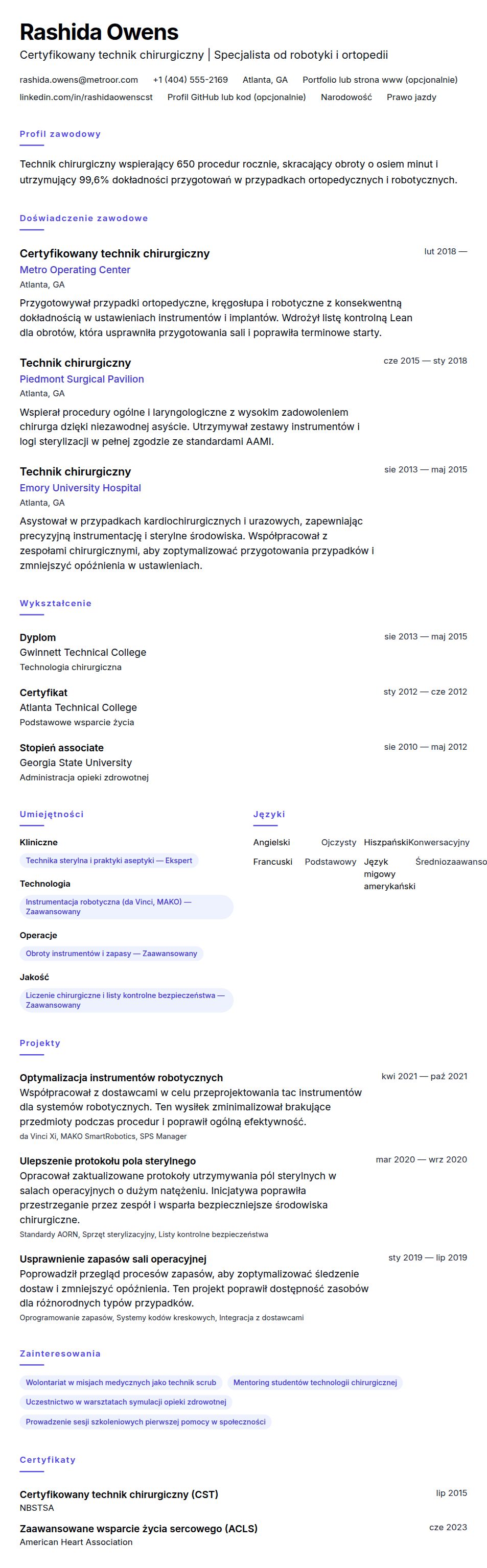 Podgląd CV Przykładowe CV technika chirurgicznego
