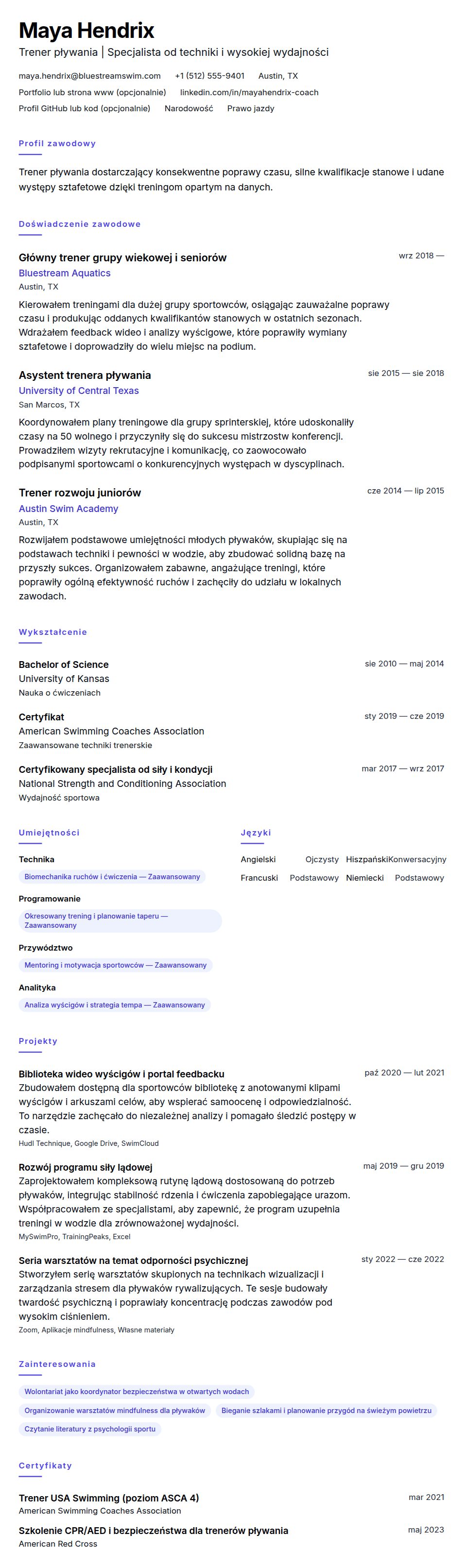 Podgląd CV Przykład CV trenera pływania
