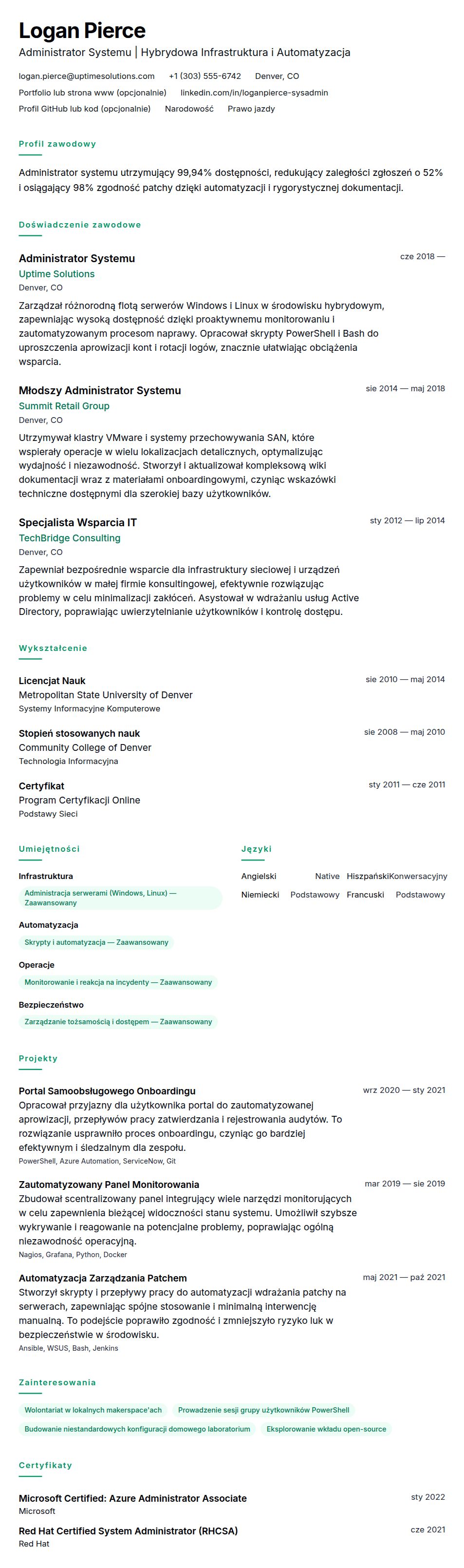 Przykład CV Administratora Systemu