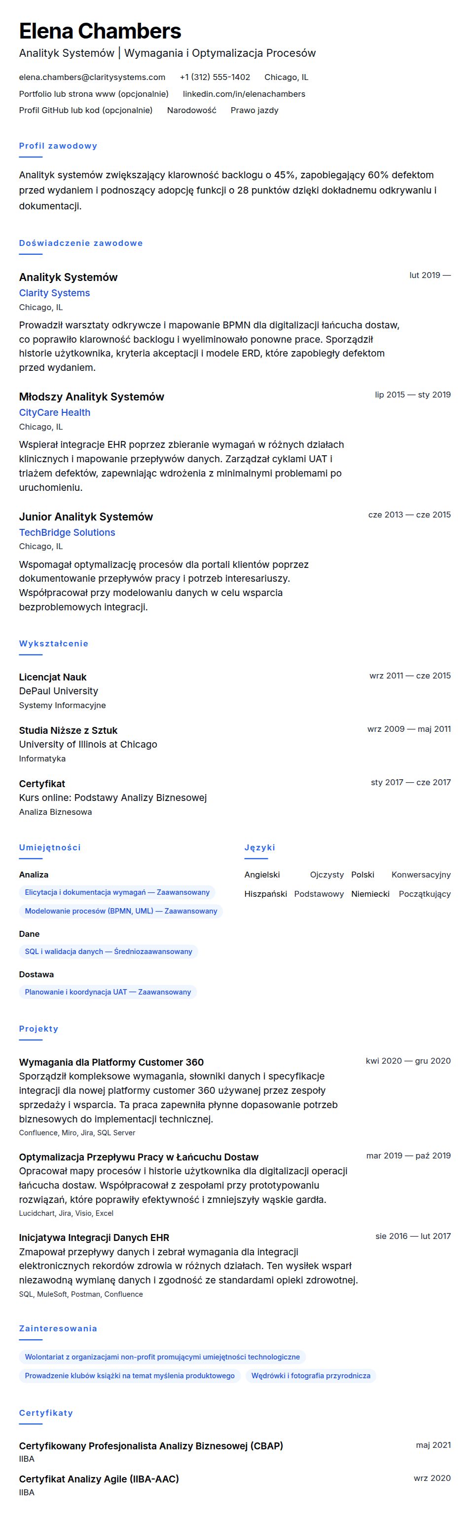 Podgląd CV Przykładowe CV Analityka Systemów