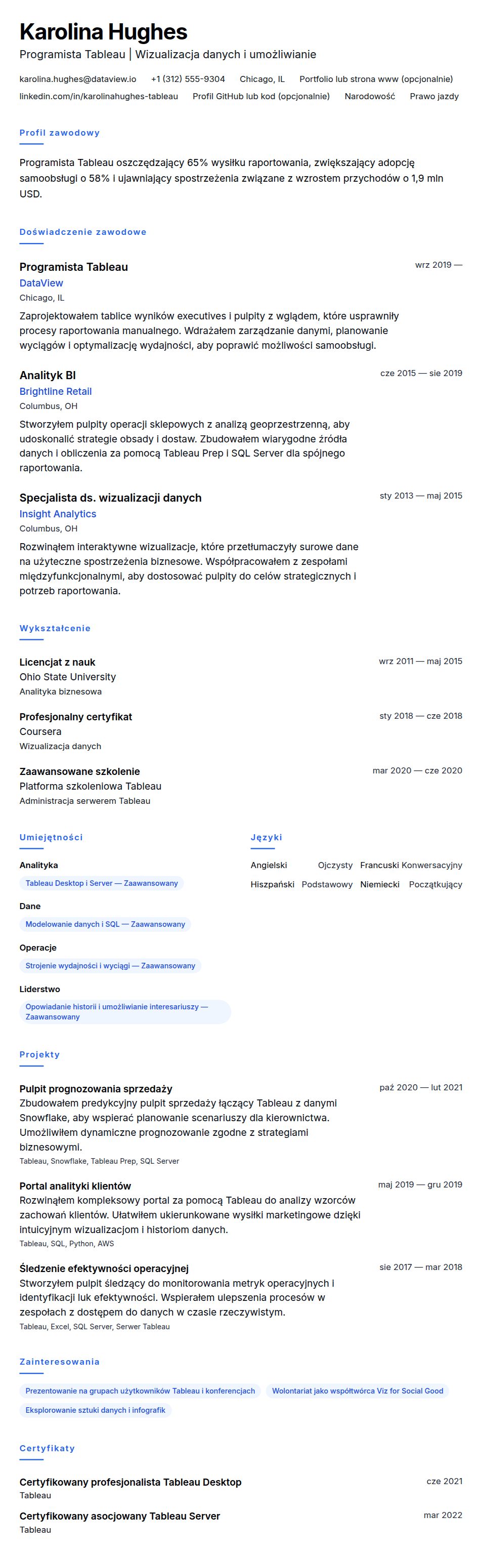 Podgląd CV Przykładowe CV Programisty Tableau