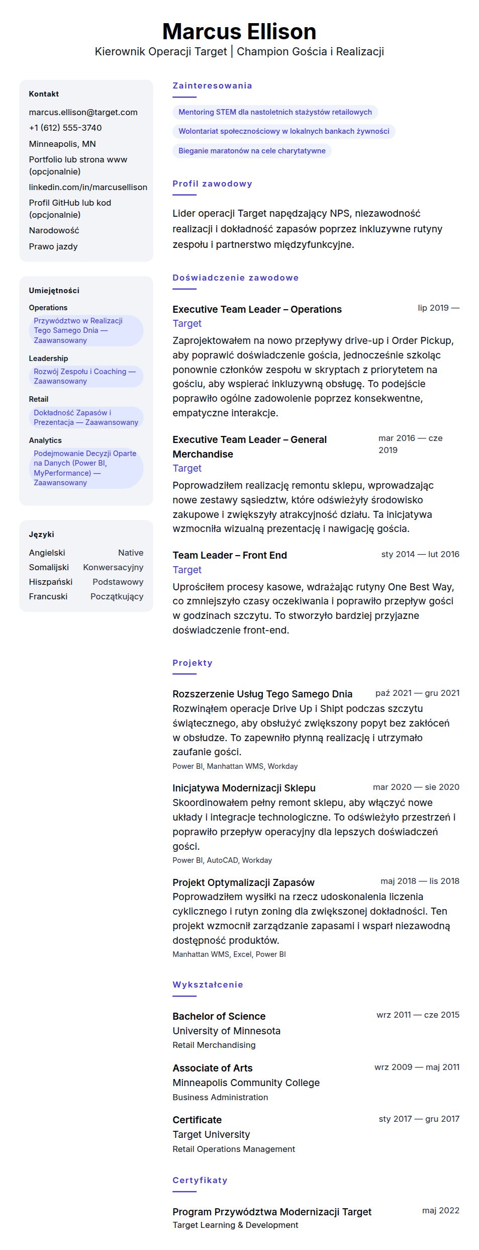 Podgląd CV Przykładowe CV Kierownika Operacji Target