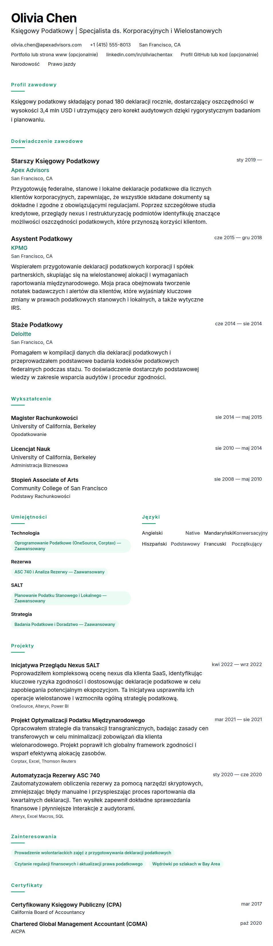 Podgląd CV Przykładowe CV Księgowego Podatkowego