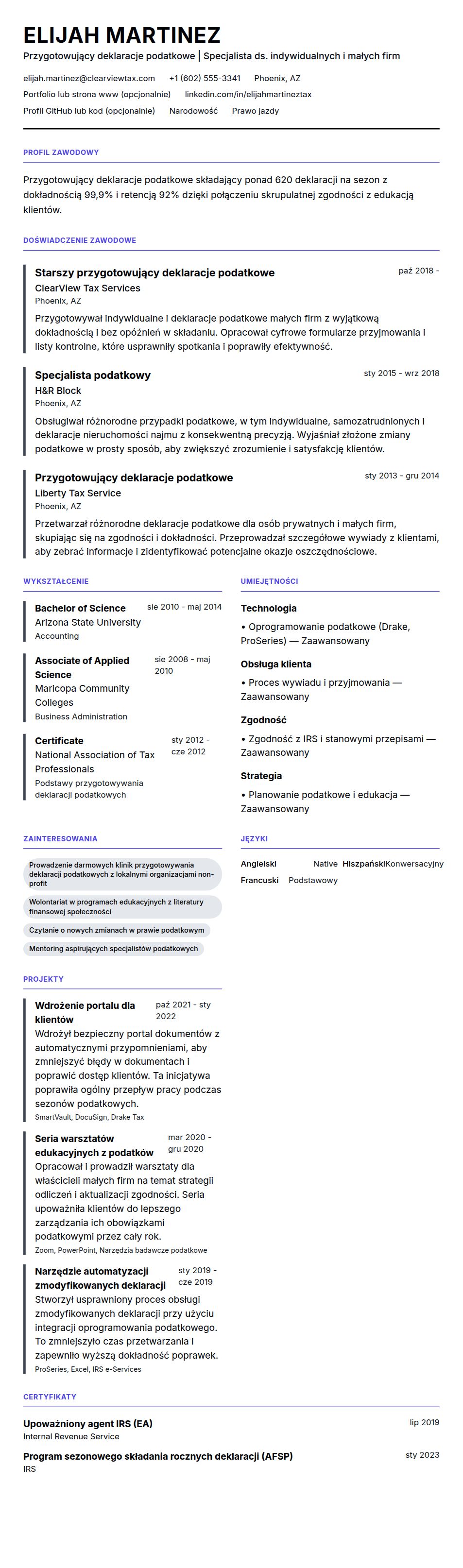 Podgląd CV Przykładowe CV przygotowującego deklaracje podatkowe
