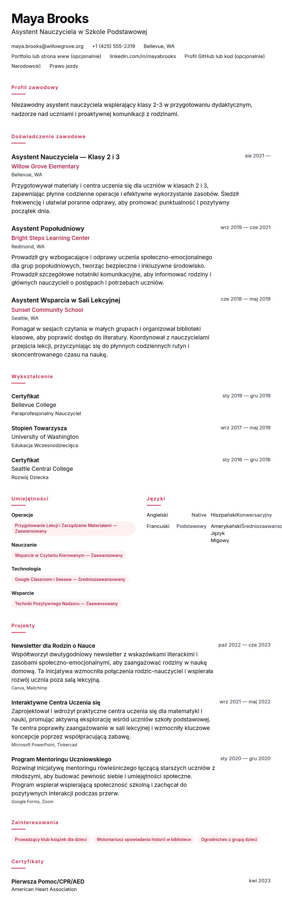 Podgląd CV Przykładowe CV Asystenta Nauczyciela