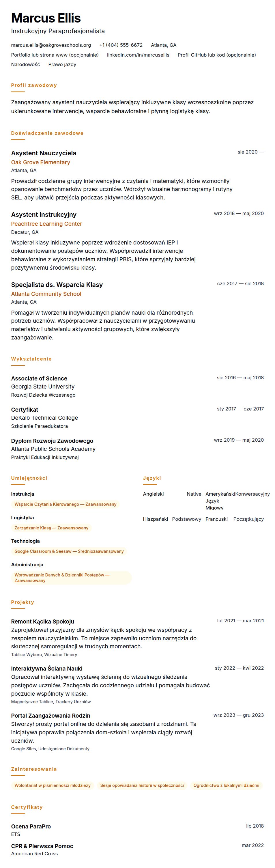 Podgląd CV Przykładowe CV Asystenta Nauczyciela