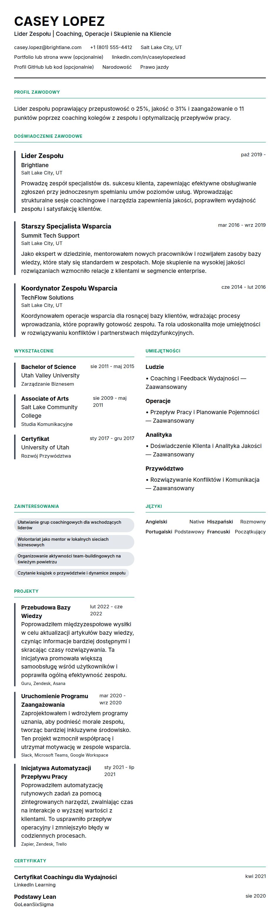 Podgląd CV Przykład CV Lidera Zespołu
