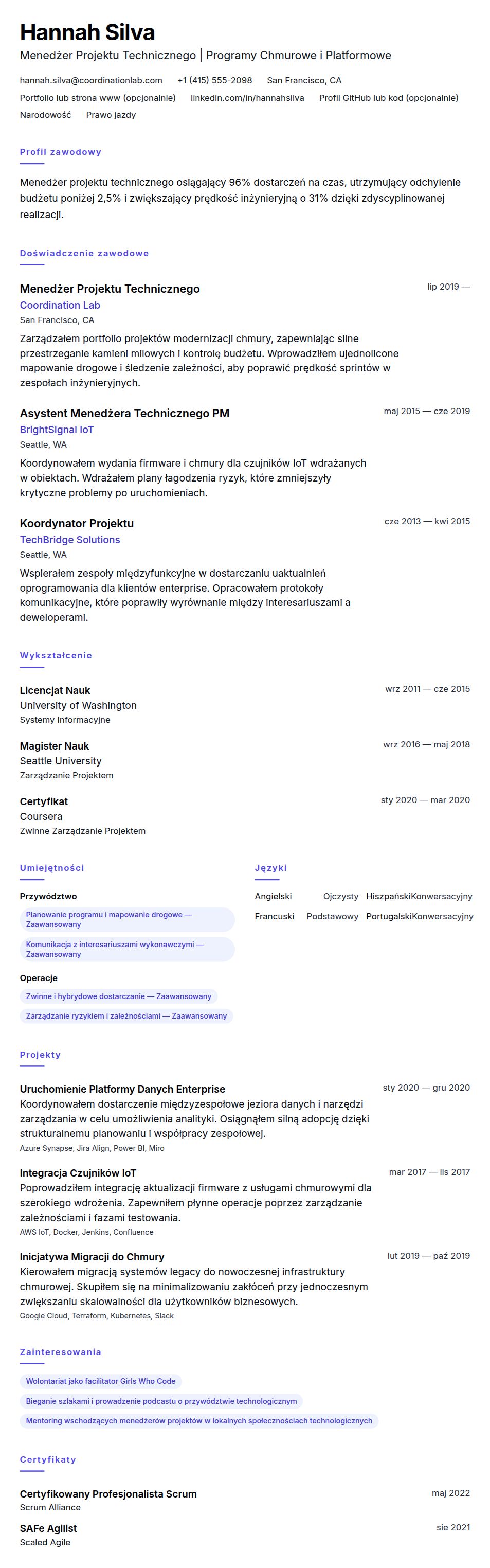 Podgląd CV Przykładowe CV Menedżera Projektu Technicznego