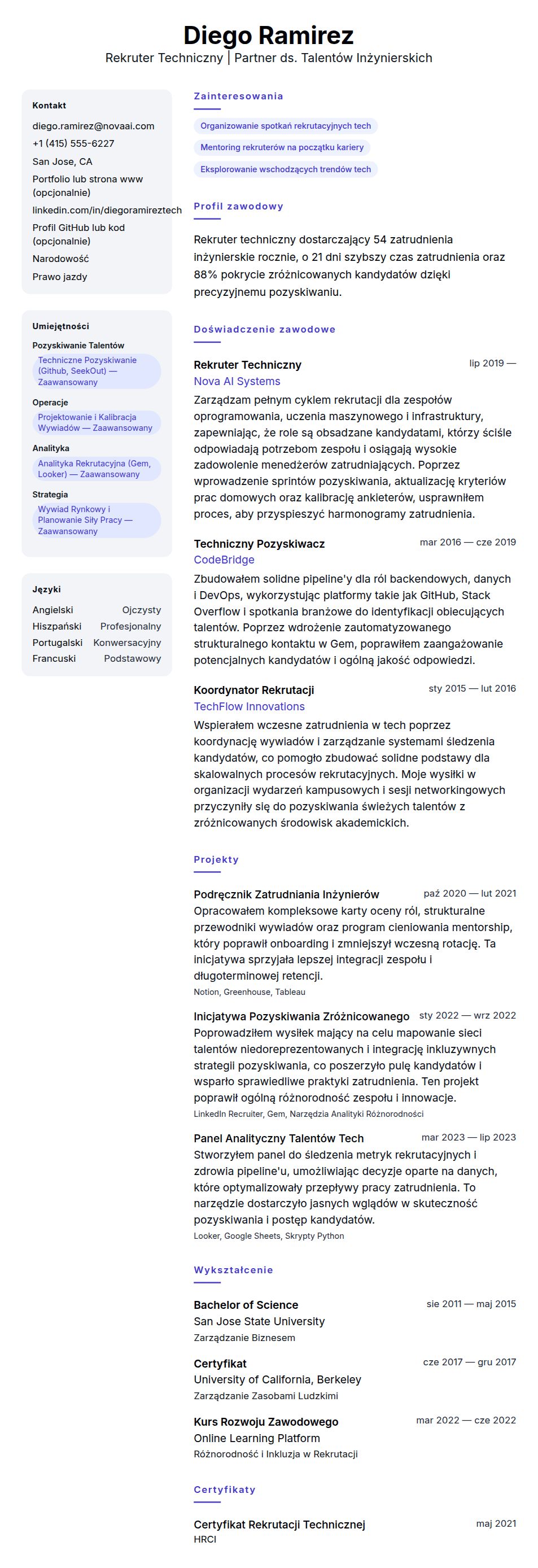 Podgląd CV Przykład CV Rekrutera Technicznego