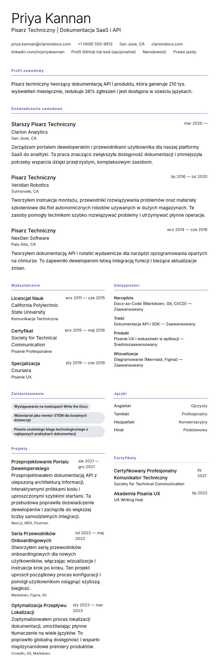 Podgląd CV Przykładowe CV Pisarza Technicznego