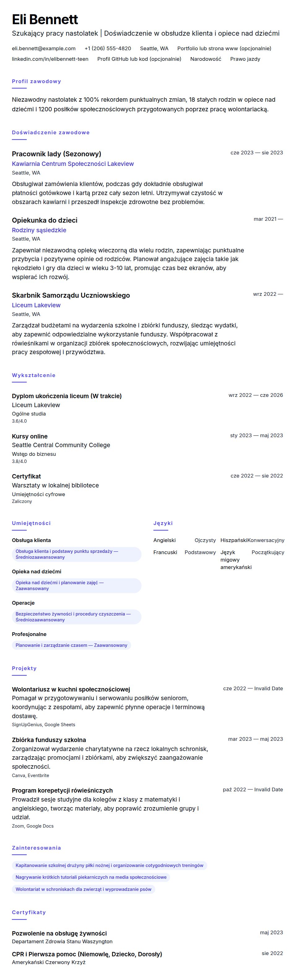 Podgląd CV Przykładowe CV dla szukającego pracy nastolatka