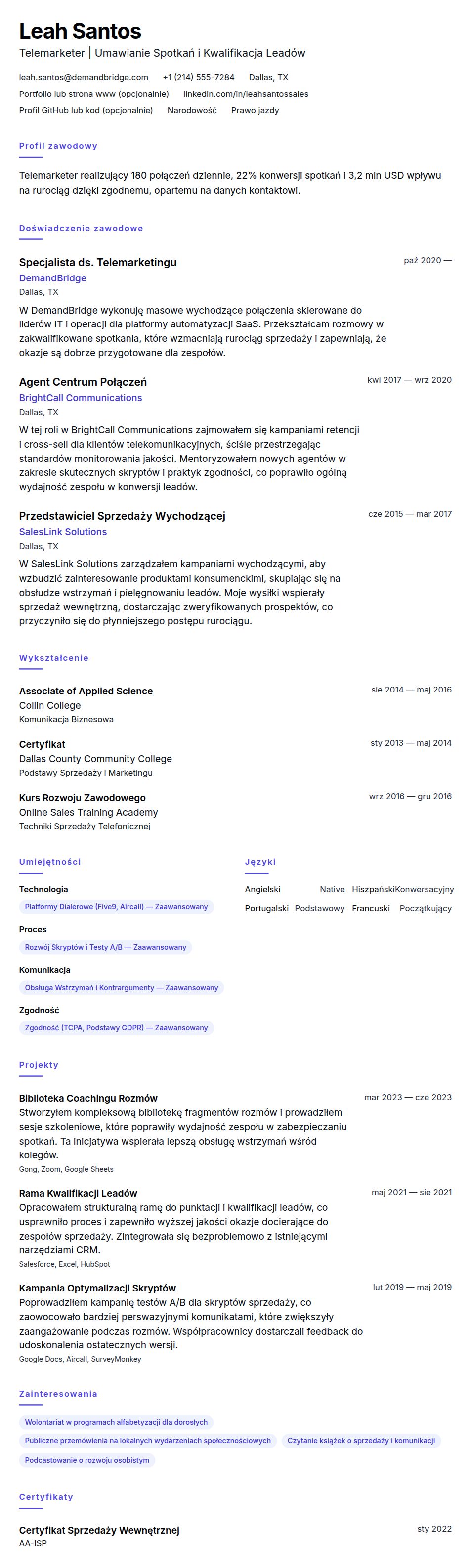 Podgląd CV Przykład CV Telemarketera