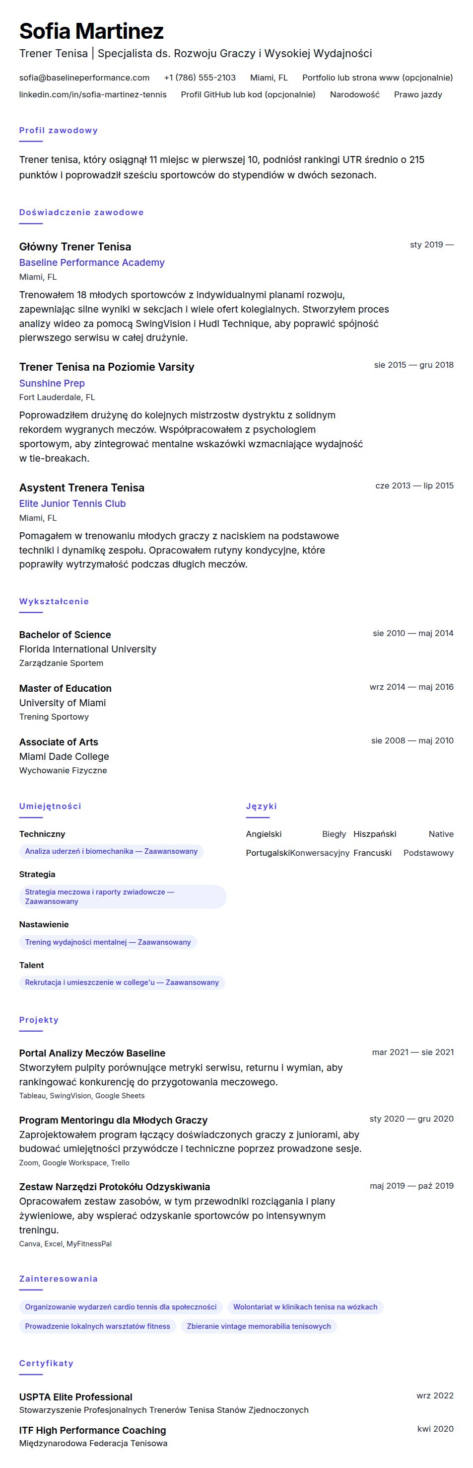 Przykład CV Trenera Tenisa