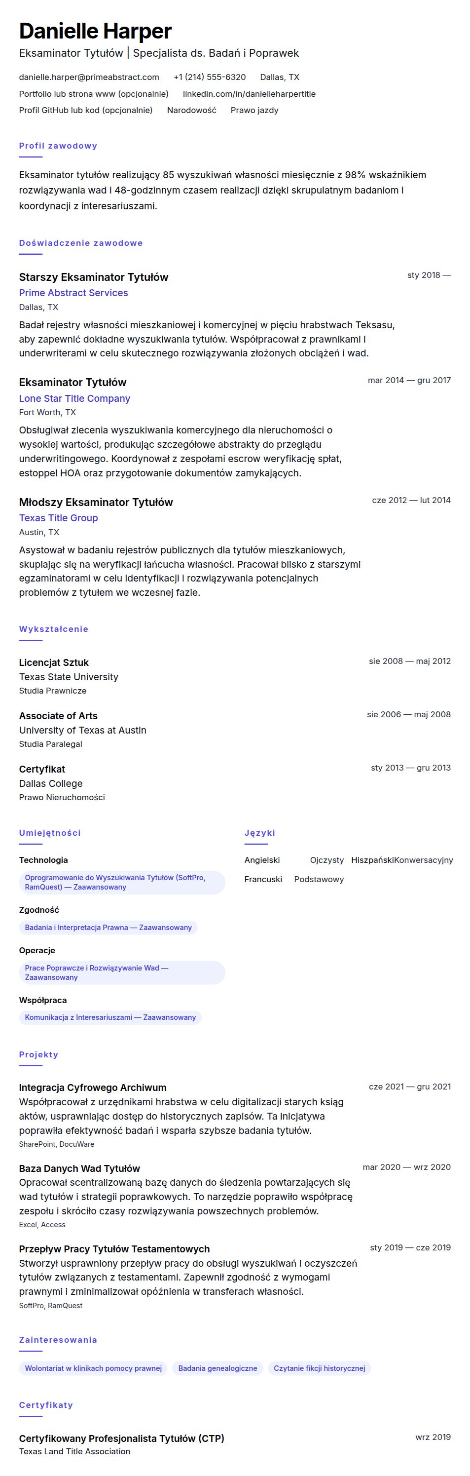 Podgląd CV Przykładowe CV Eksaminatora Tytułów