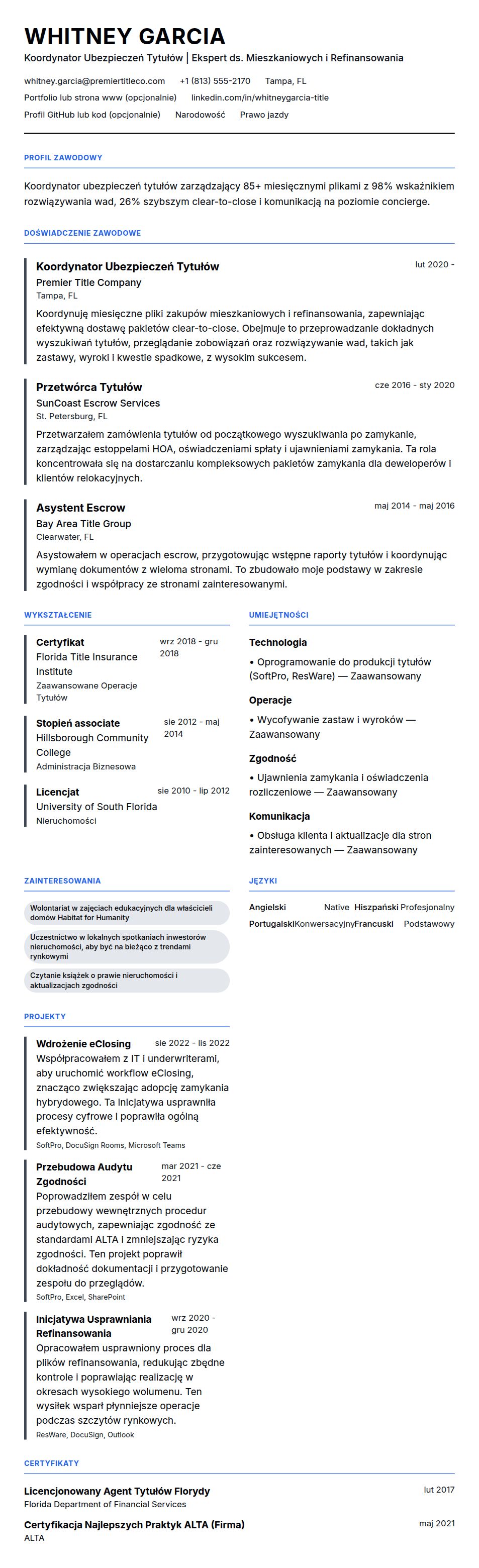 Przykładowe CV Koordynatora Ubezpieczeń Tytułów