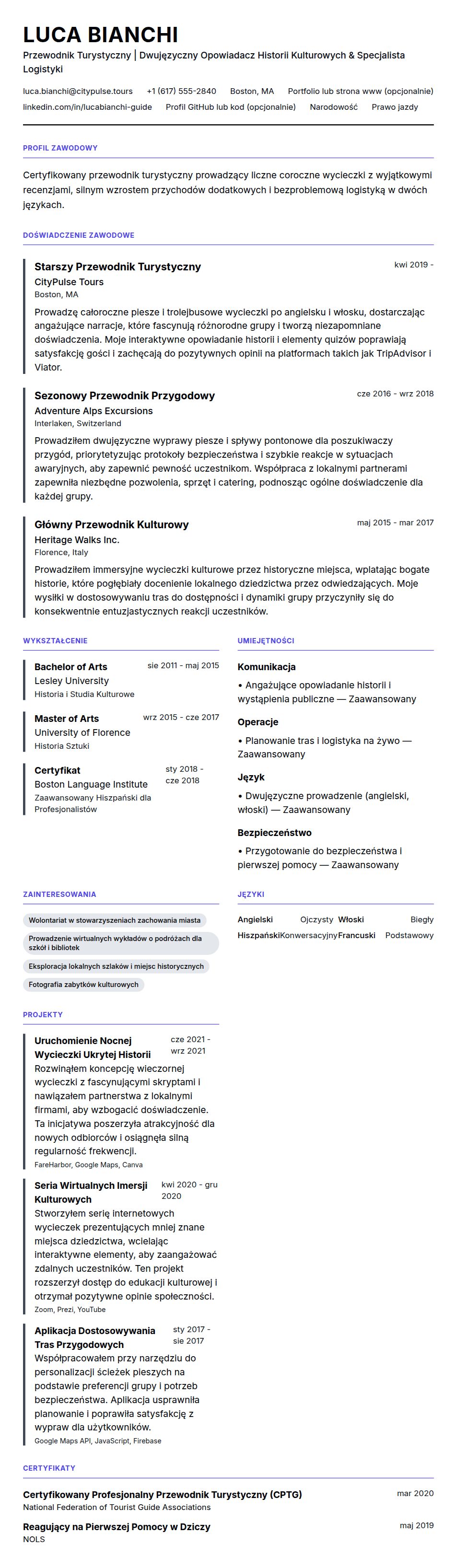 Podgląd CV Przykładowe CV Przewodnika Turystycznego
