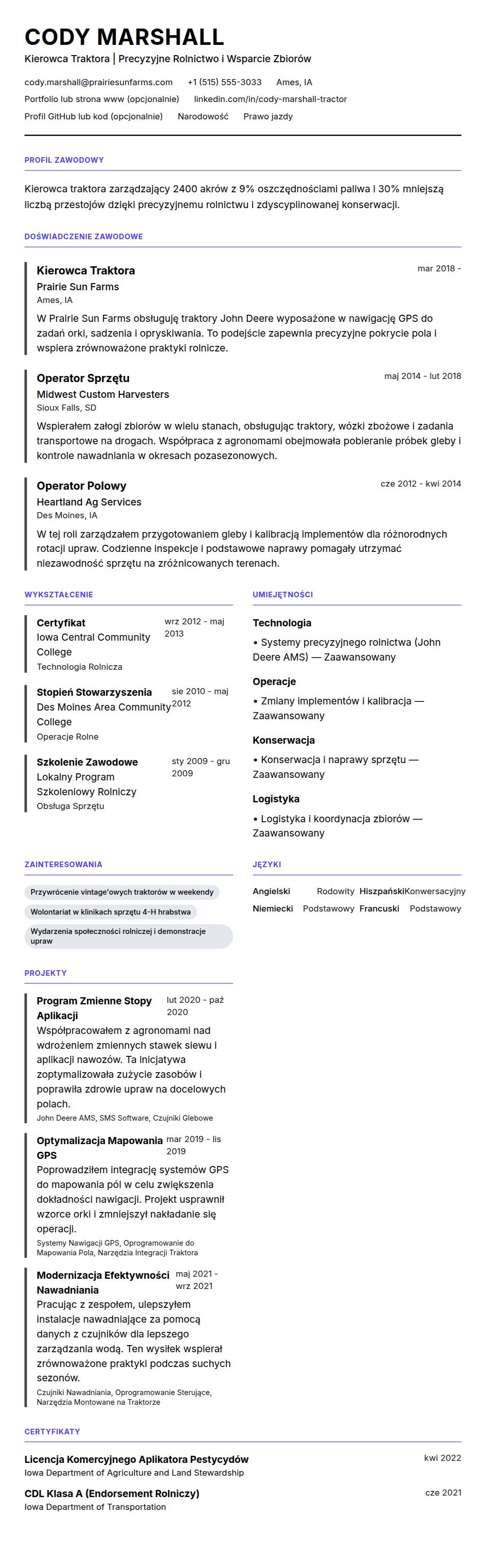 Przykładowe CV Kierowcy Traktora
